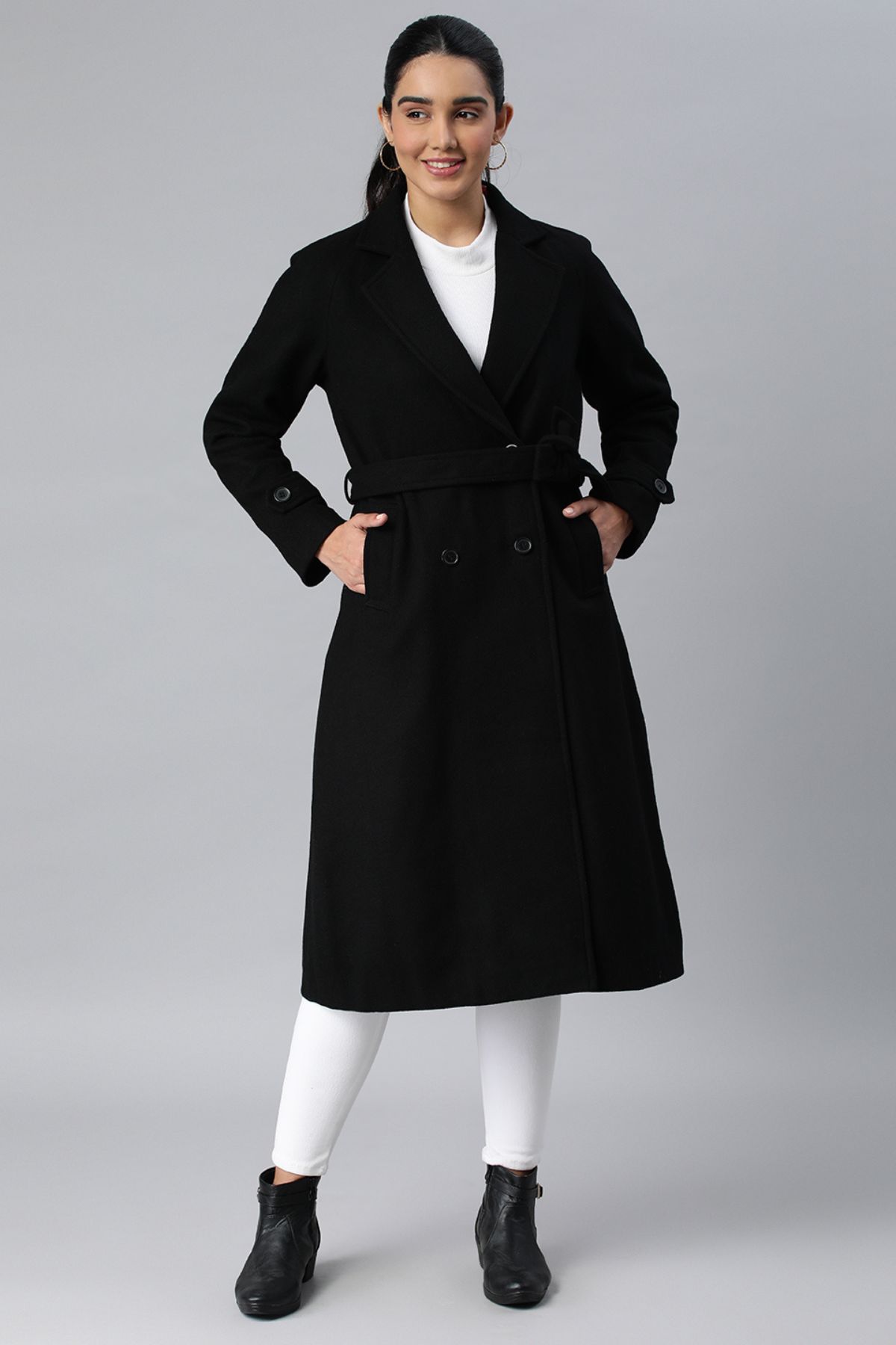 Black Woollen Trench Coat | Women